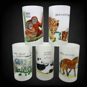 Vintage 1983 Lot 5 x Wonder Workers Jungle Animals Drinking Glasses Tokyo Artist